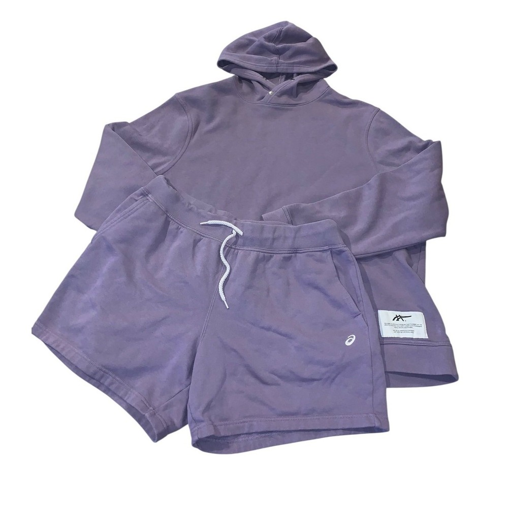 ASICS Hoodie & Shorts Set Womens 2XL/L Purple Fleece Athleisure Loungewear Comfy